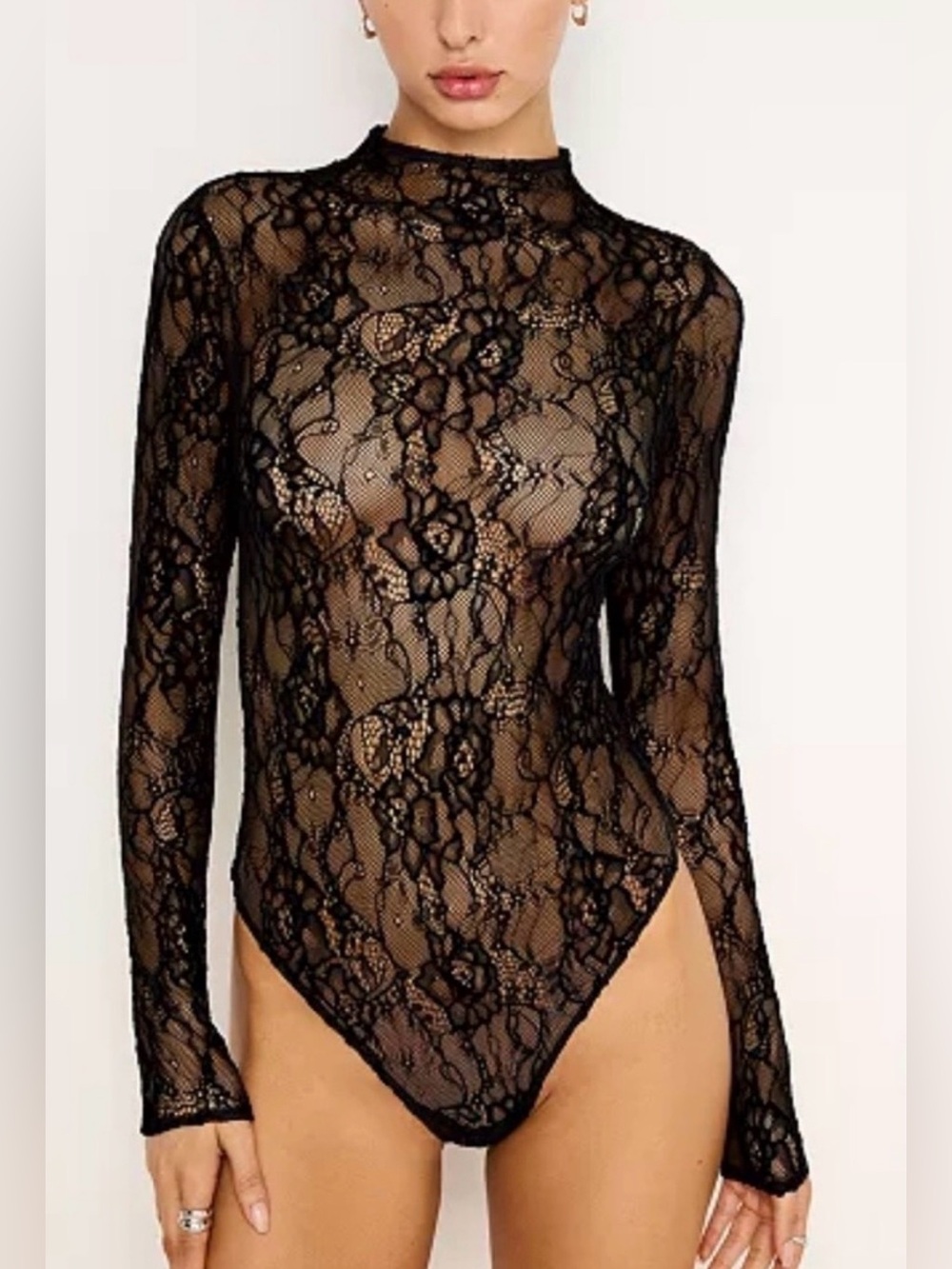 Good American Black Sheer Lace Mock Neck Bodysuit